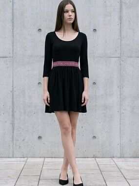 Basil Lola black rayon tunic with embroidery waistband Sz S Gently loved